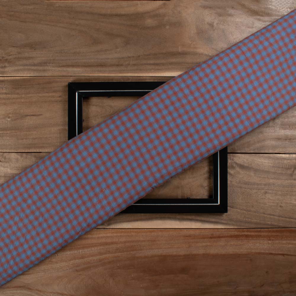 Sky Blue Base Brown Check Pure Cotton 65 GSM Handwoven Fabric