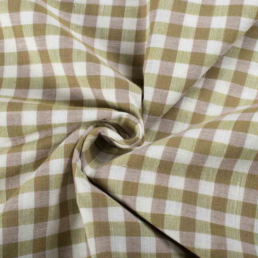 Check Beige Green & White Khadi 135 GSM Handwoven Fabric