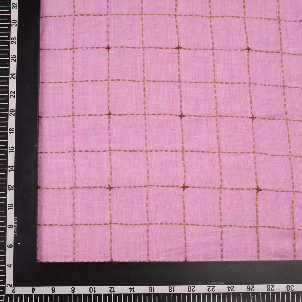 Cotton khadi fabric with Kantha embroidery in a check pattern