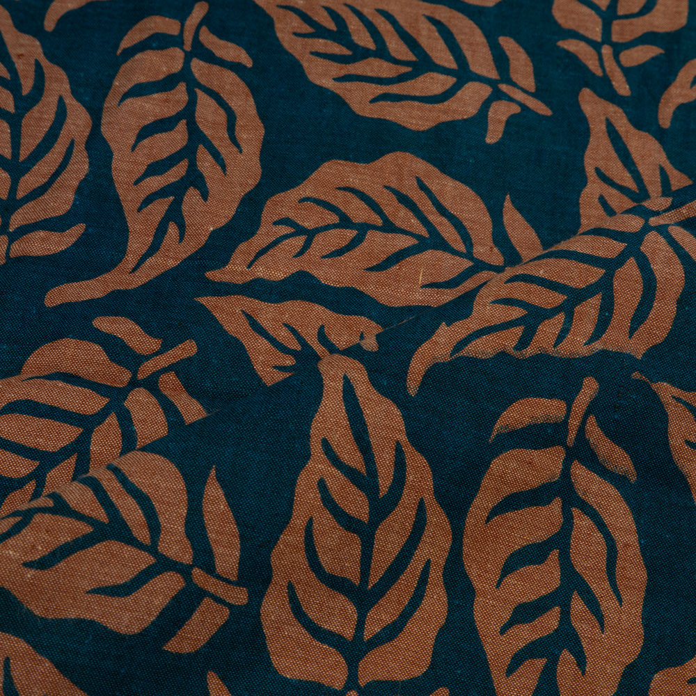 LEAFY TEAL & BROWN SCREENPRINTED COTTON KHADI 82 GSM HANDWOVEN FABRIC