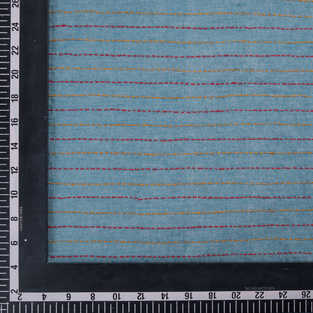 STRIPE BLUE KANTHA EMBROIDERED KHADI COTTON 135 GSM HANDWOVEN FABRIC