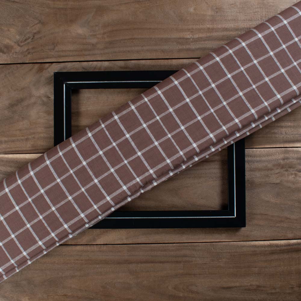 Brown & White Check Pure Cotton 105 GSM Handwoven Fabric