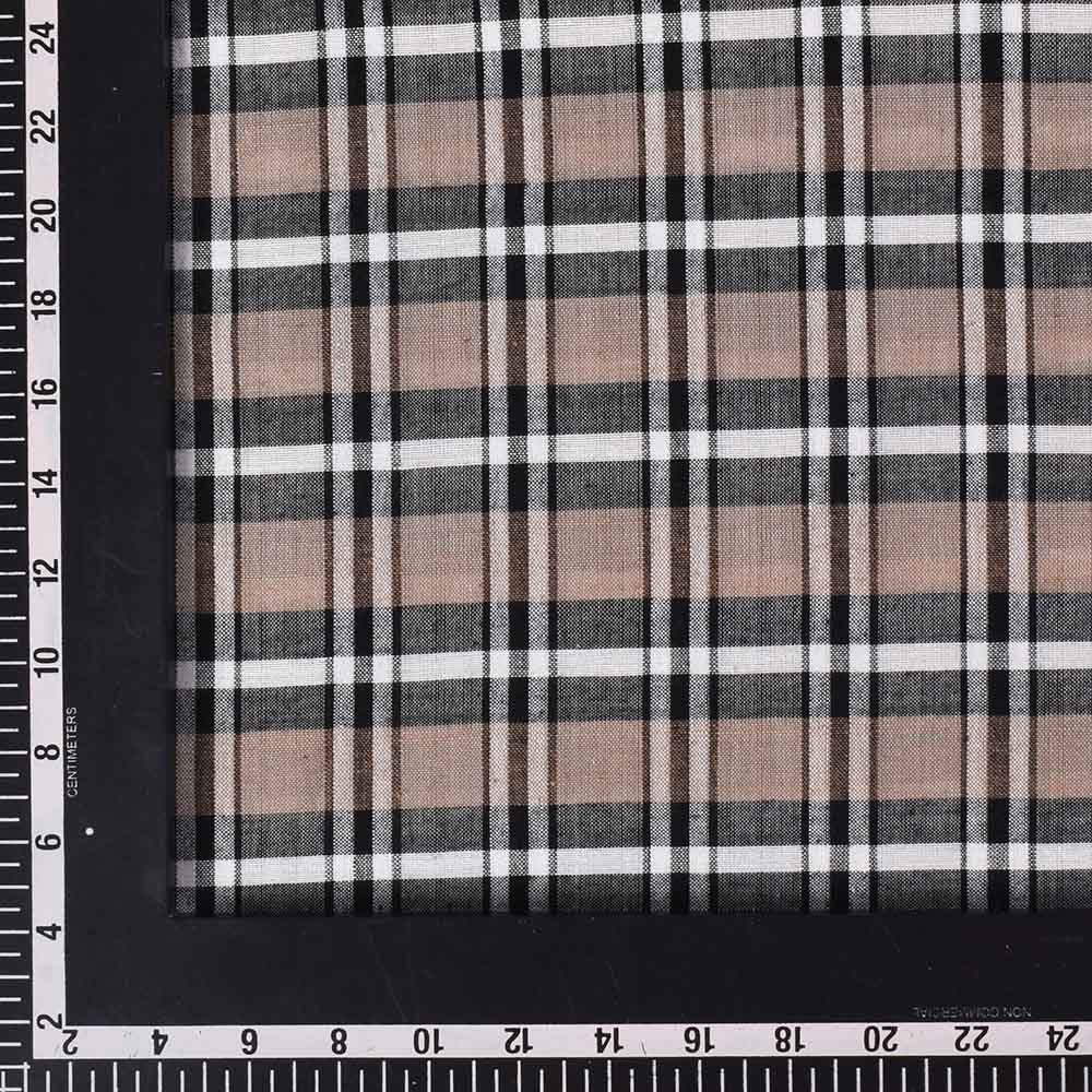 CHECK WHITE BROWN AND BLACK KHADI COTTON 100 GSM HANDWOVEN FABRIC