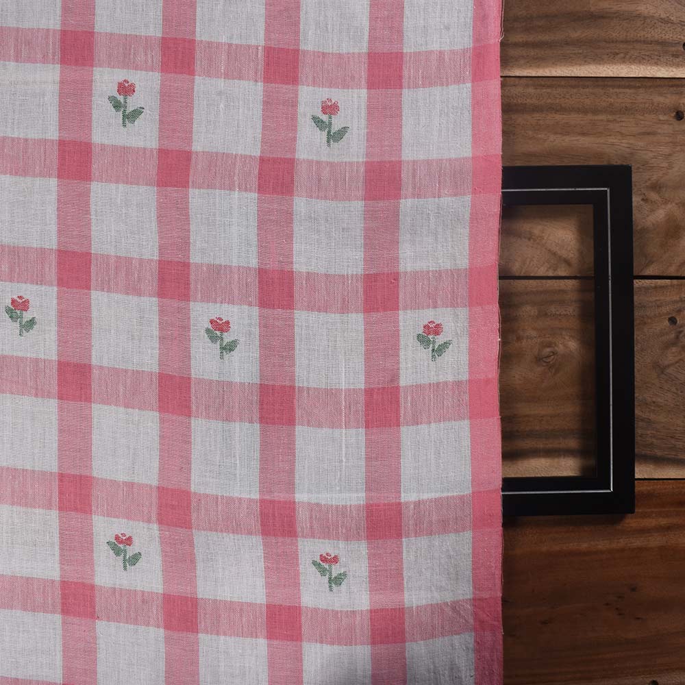 FLORAL CHECK PINK & BLUE JAMDANI PURE COTTON 104 GSM HANDWOVEN FABRIC