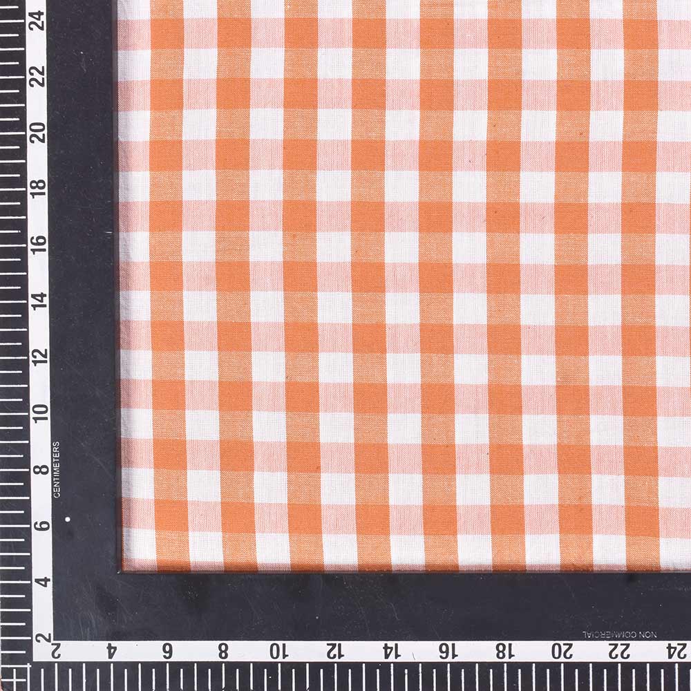 CHECK ORANGE & WHITE PURE COTTON 96 GSM HANDWOVEN FABRIC