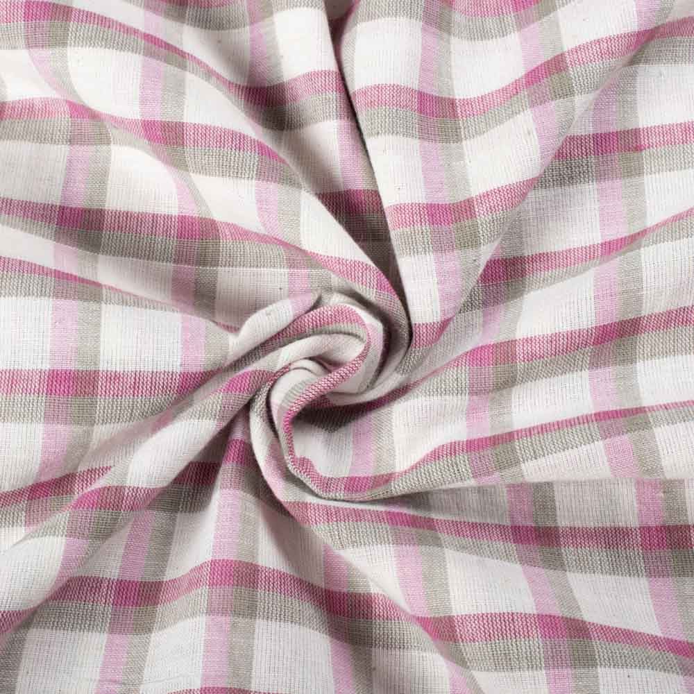 Check Pink & Grey White Pure Cotton 100 GSM Handwoven Fabric 948