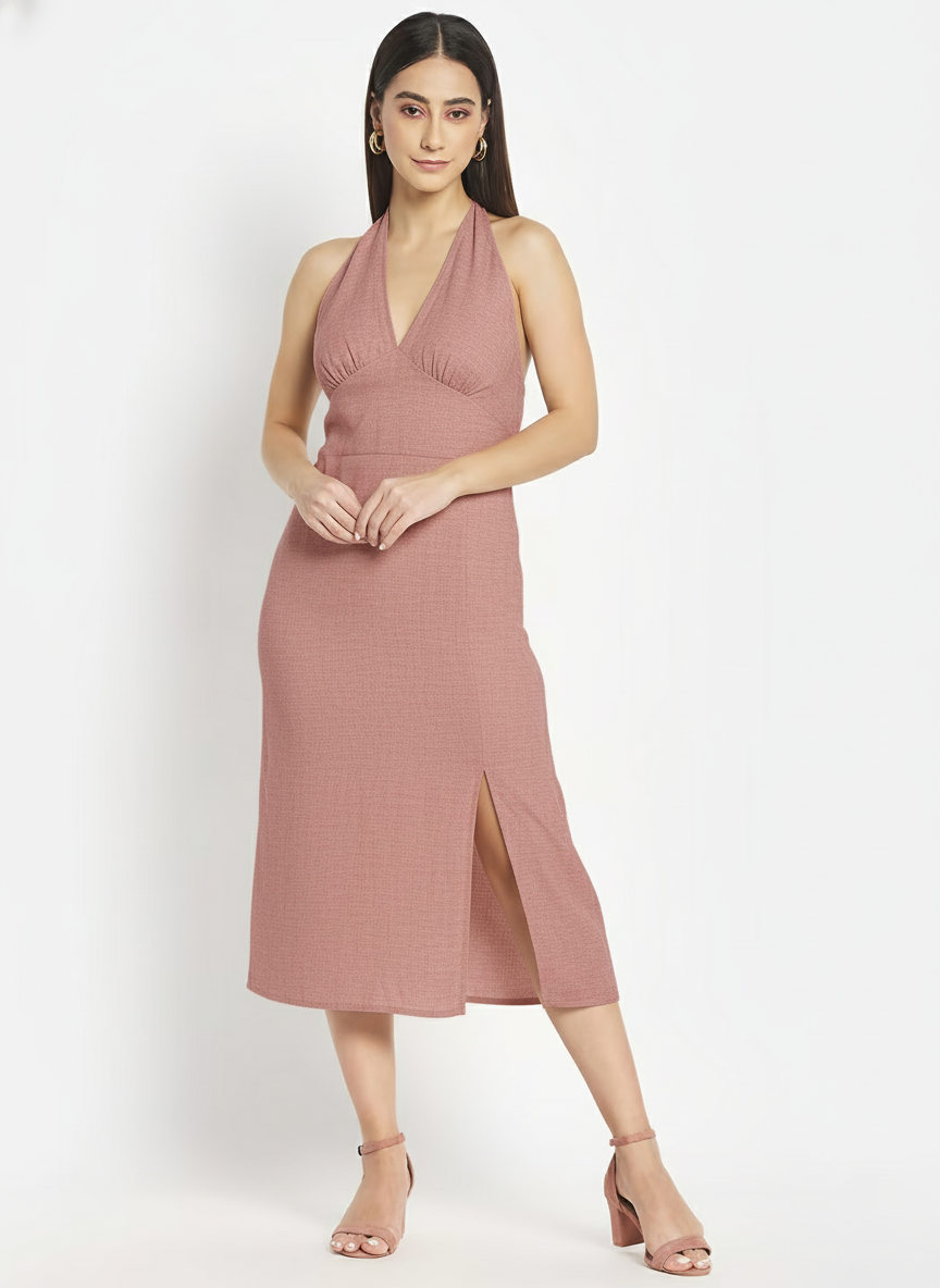 Deep V Neck Halter Tie Up Dress
