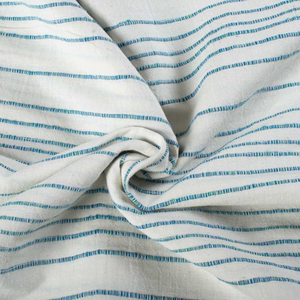 Extra Weft White & Greenish Blue Stripe Pure Cotton 160 GSM Handwoven Fabric