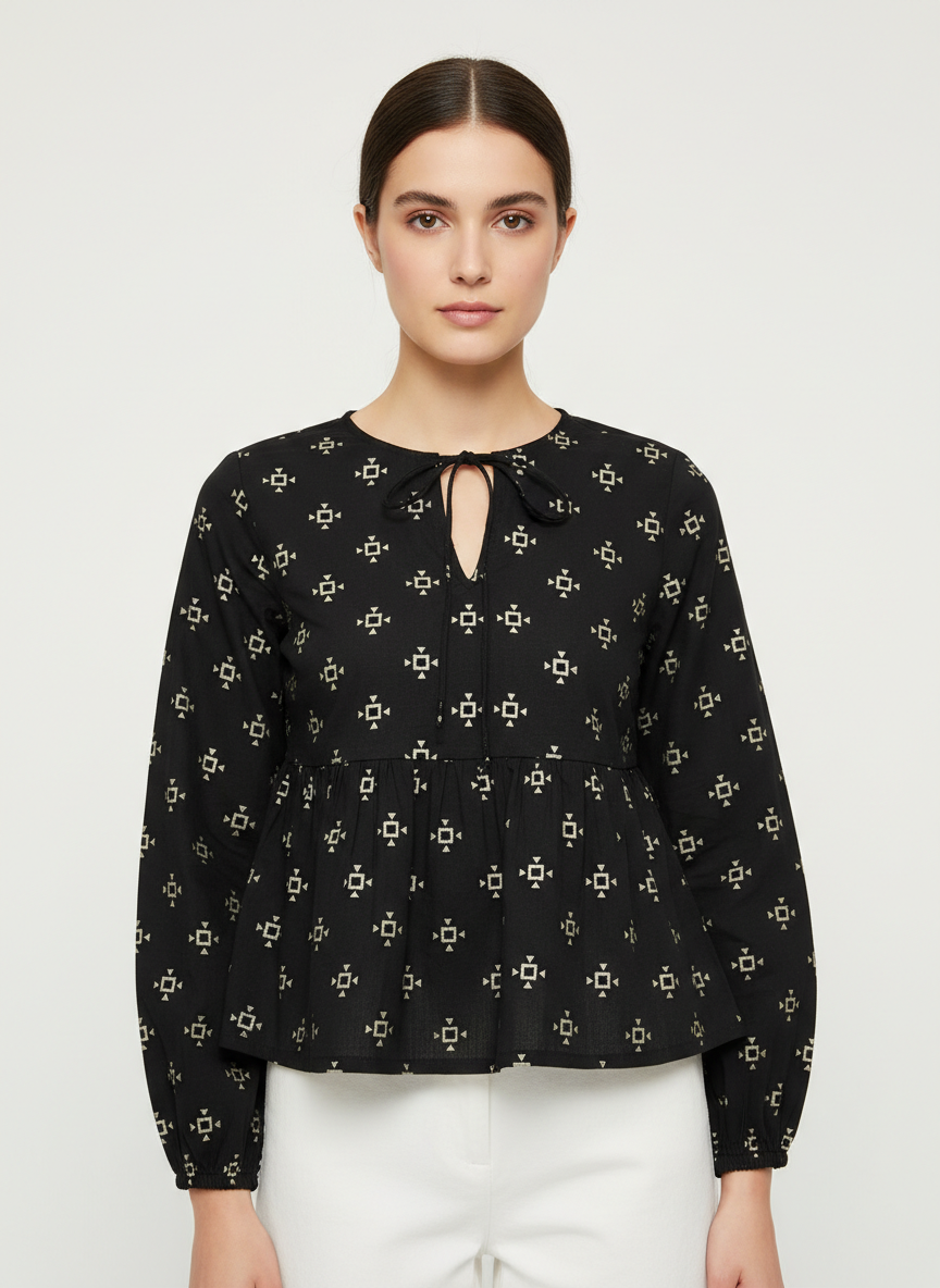 Neck Tie Gathered Sleeves Top