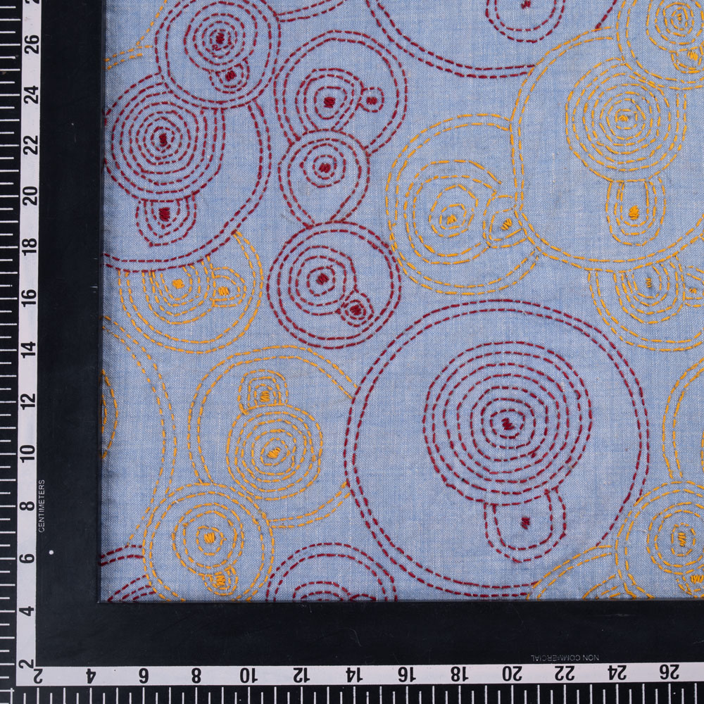GEOMETRC BLUE KANTHA EMBROIDERED KHADI COTTON 133 GSM HANDWOVEN FABRIC