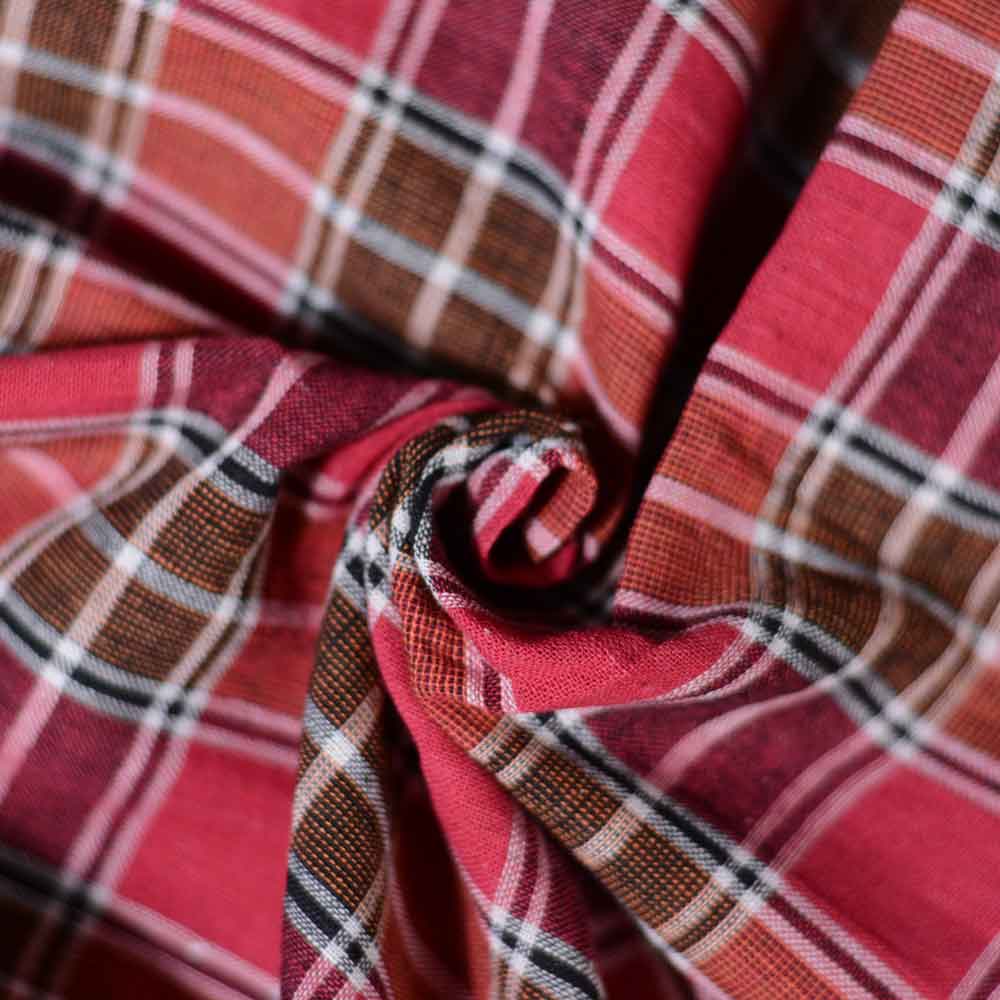 Check Brown & Red Pure Cotton 95 GSM Handwoven Fabric