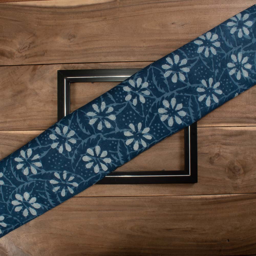 Natural Indigo Dyed With Block Ajrakh Print 103 GSM Khadi Handwoven fabric 