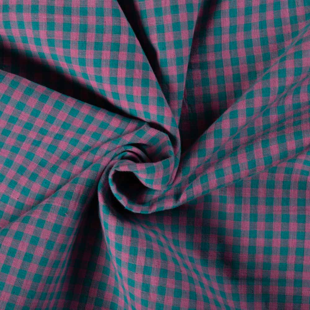 Pink & Sea Green Check 70 GSM Pure Cotton Handwoven Fabric