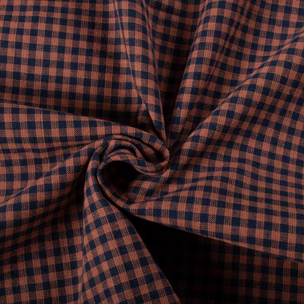 Check Navy Blue & Orange Pure Cotton 100 GSM Handwoven Fabric