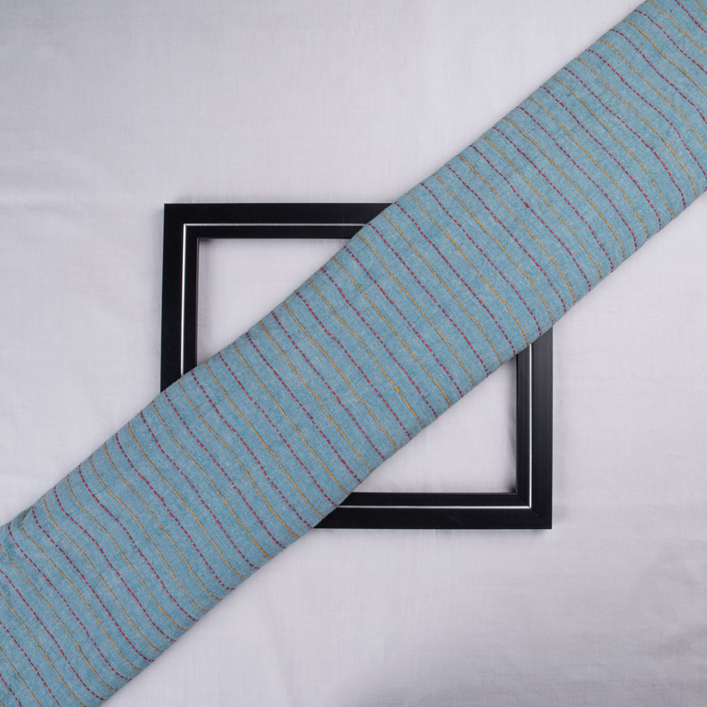 Stripe Blue Kantha Embroidered Khadi Cotton 135 GSM Handwoven Fabric