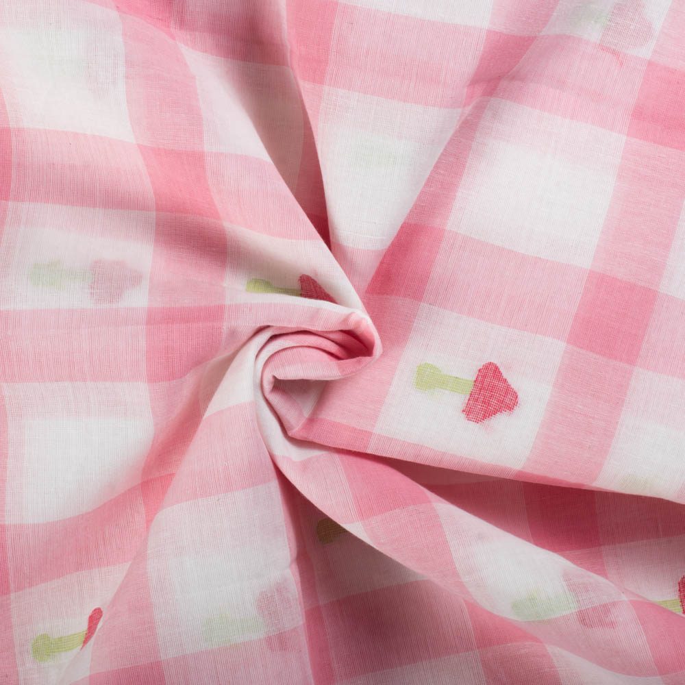Check Pink White Pure Cotton 55 GSM Mushroom Jamdani Fabric
