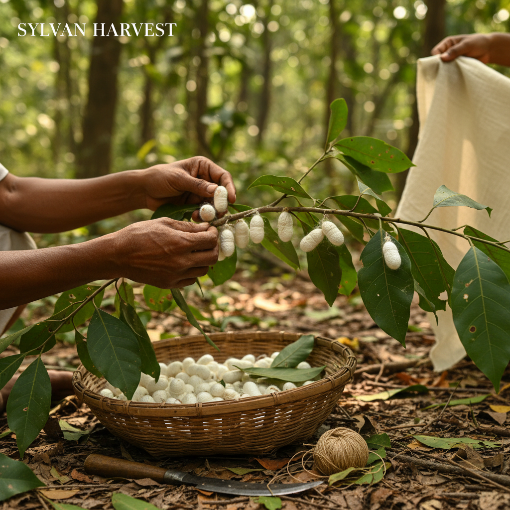 Wild Tussar silk cocoons harvested from forest trees in East India