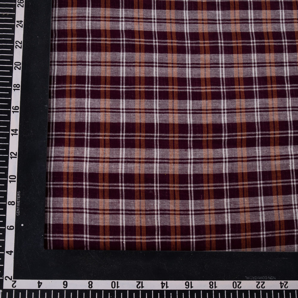 CHECK DEEP PLUM & ORANGE PURE COTTON 70 GSM HANDWOVEN FABRIC