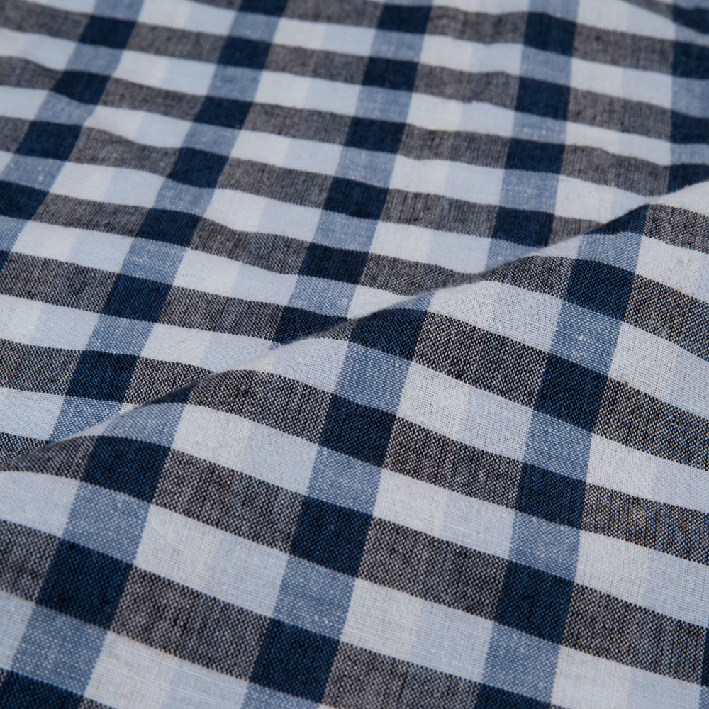 CHECK WHITE BLACK & BLUE KHADI COTTON 122 GSM HANDWOVEN FABRIC