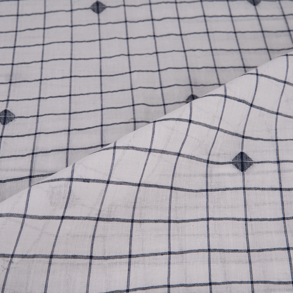 GEOMETRIC CHECK WHITE JAMDANI HANDWOVEN COTTON 55 GSM FABRIC