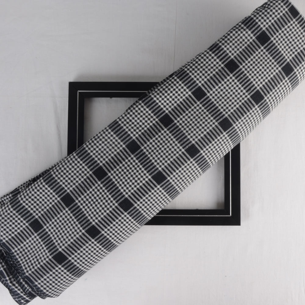Check Black & White Pure Cotton 60 GSM Handwoven Fabric