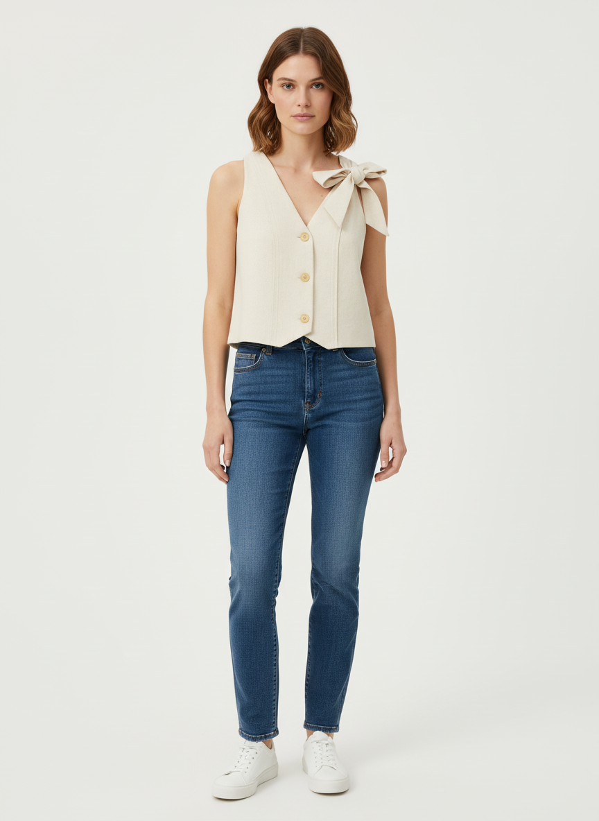 Shoulder Tie Buttoned Top