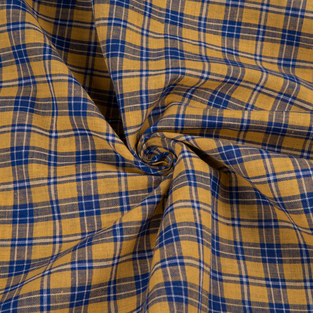 Check Yellow & Blue Pure Cotton 93 GSM Handwoven Fabric