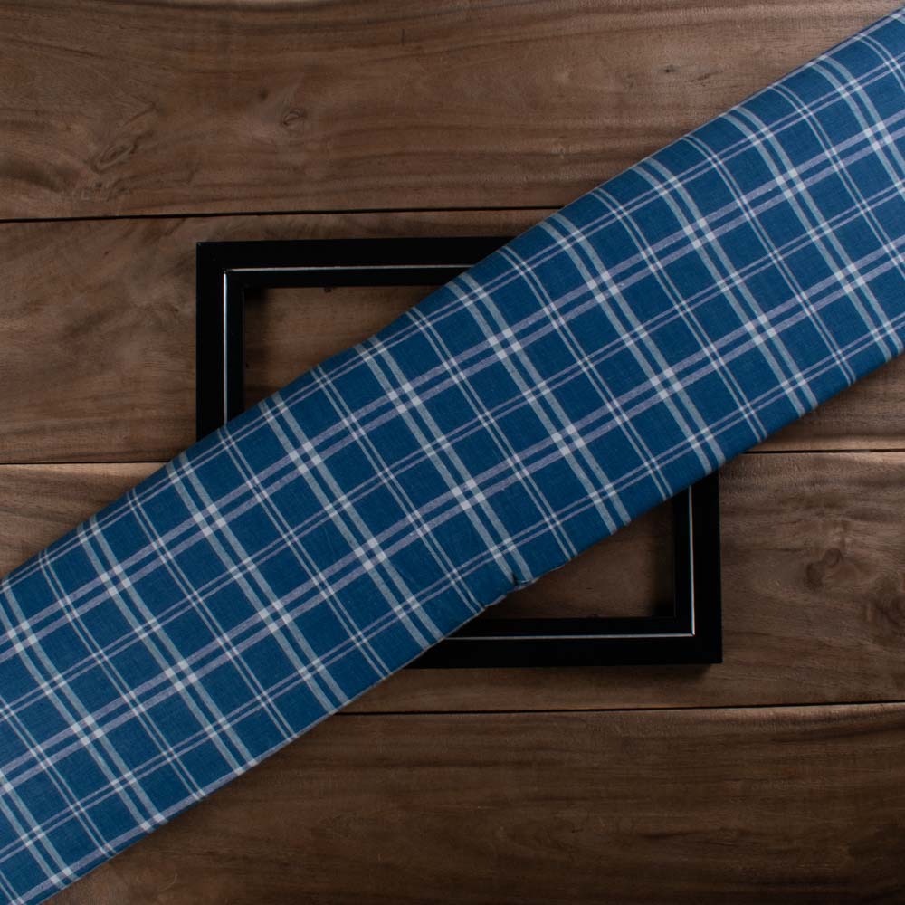 Check Blue White 90 GSM Pure Cotton Handwoven Fabric