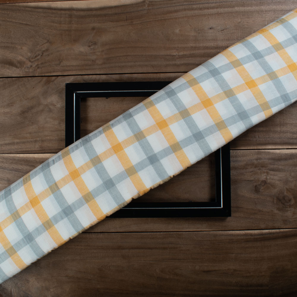 Yellow Grey White Pure Cotton 100 GSM Check Handwoven Fabric