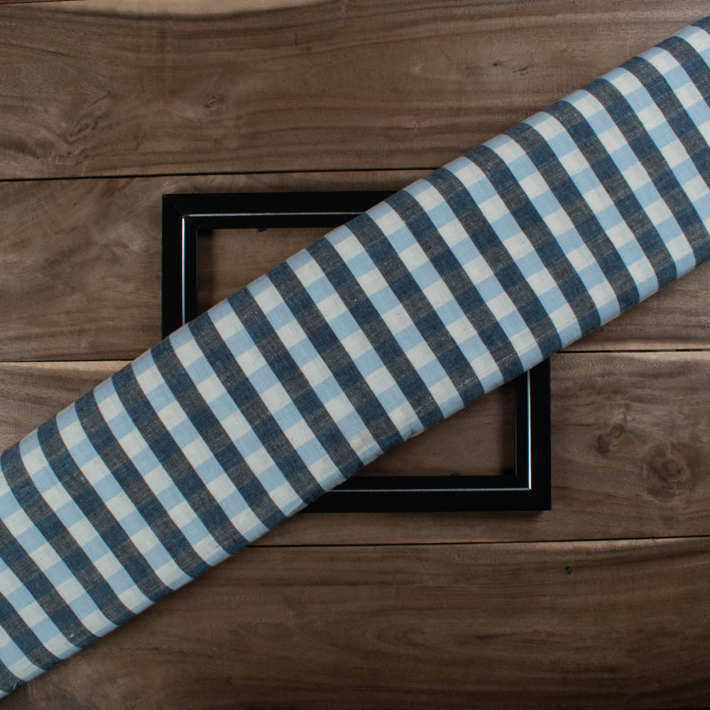Check Black Sky White Cotton Khadi 120 GSM Handwoven fabric 750