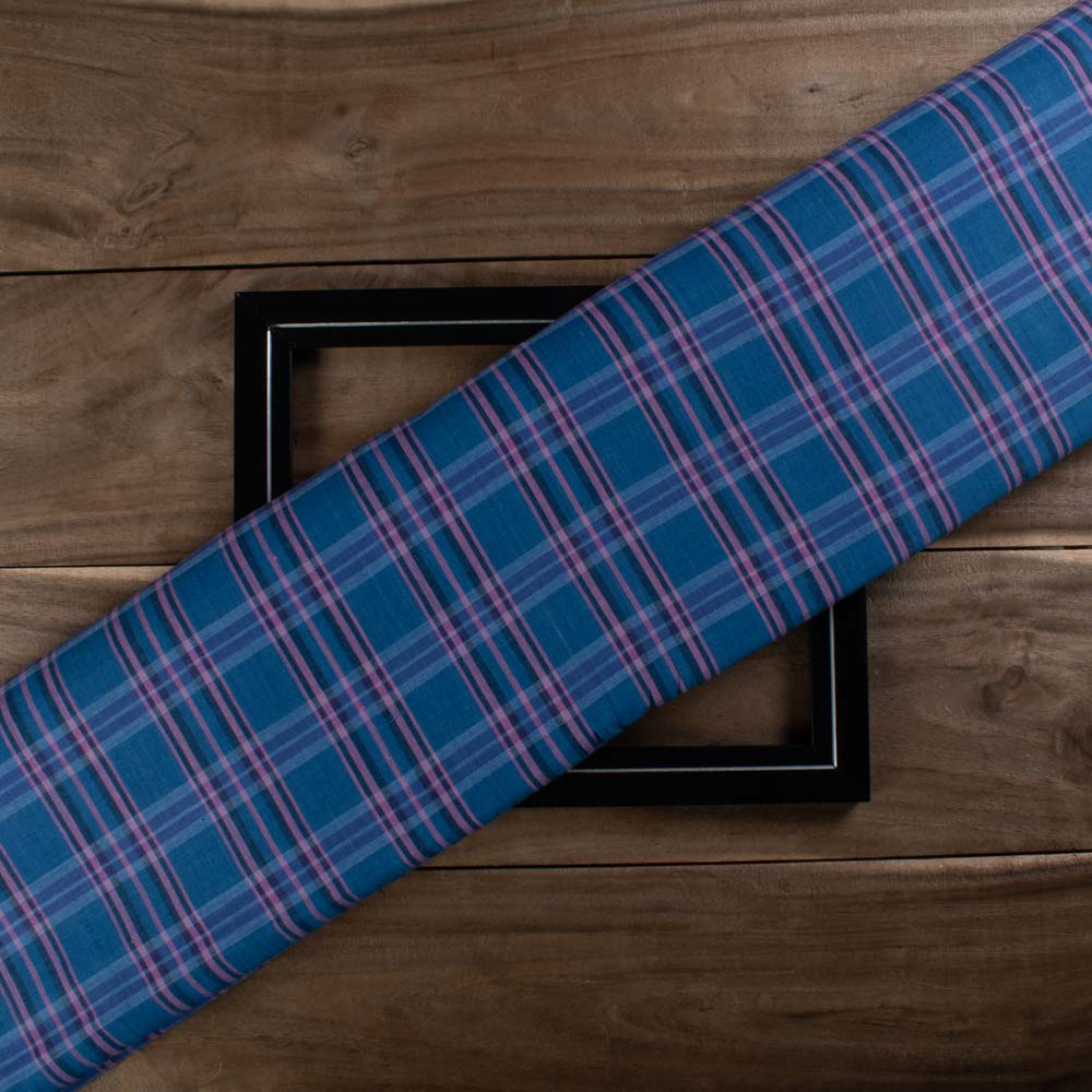 Pink Blue White Check Pure Cotton 95 GSM Handwoven Fabric