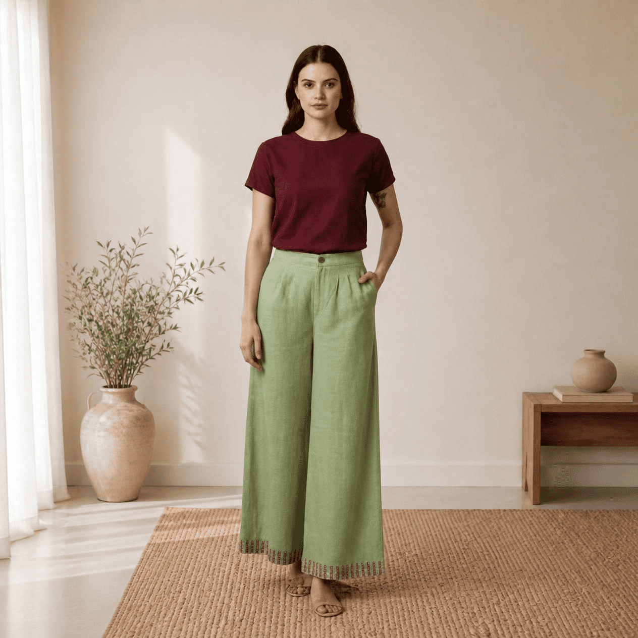 pairing basic top with embroidered pant