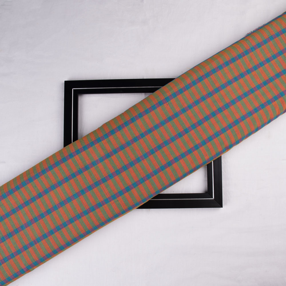 Check Orange Pure Cotton 93 GSM Handwoven Fabric