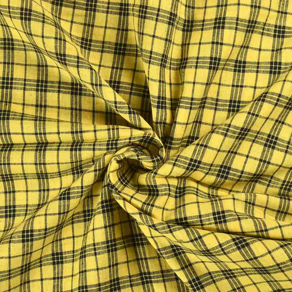 Check Black & Yellow Pure Cotton 103 GSM Handwoven Fabric