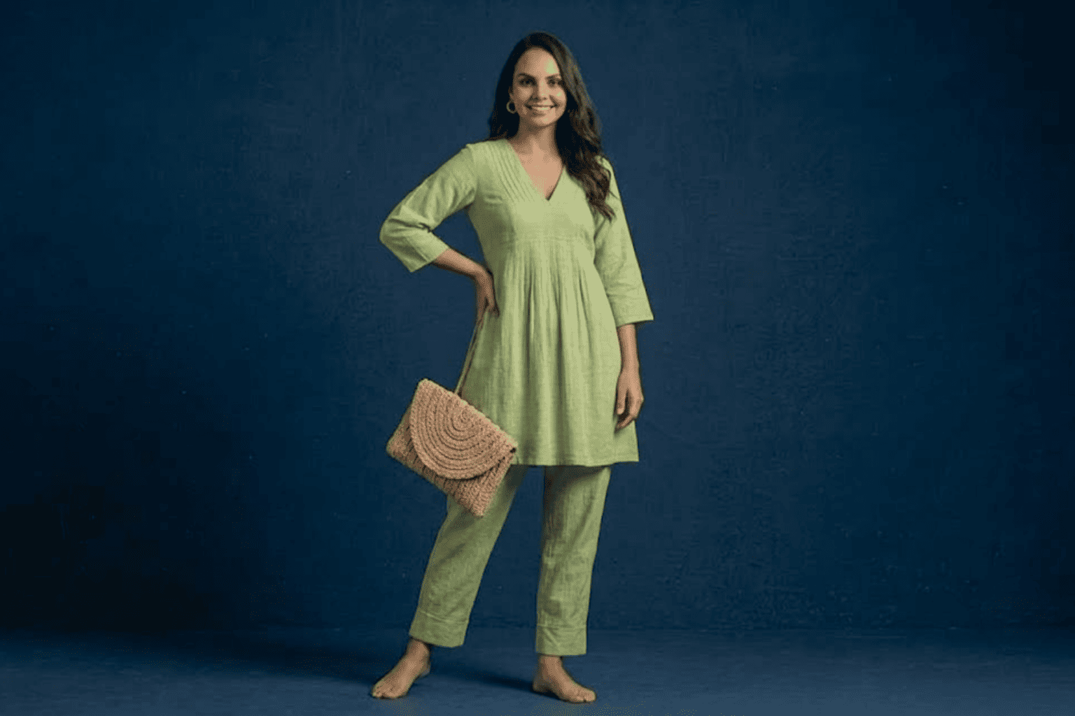 Cotton V neck pleated co ord set for festive wear women