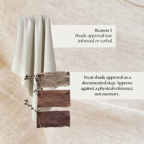 Fabric swatches compared under different lighting conditions to illustrate shade variation in dyed fabrics