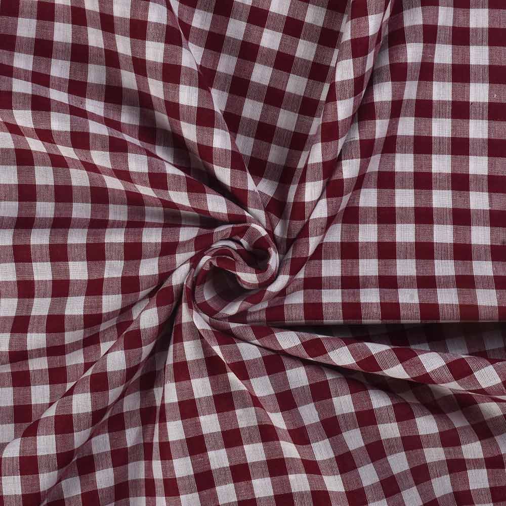 Check White & Maroon Pure Cotton 87 GSM Handwoven Fabric
