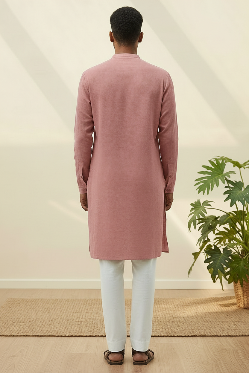 Chambray Pink Khadi Cotton Kurta With Pleated Placket