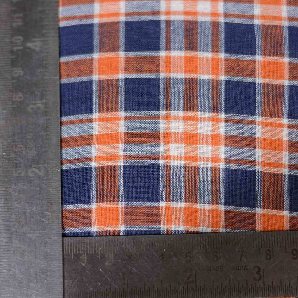CHECK ORANGE & BLUE PURE COTTON 92 GSM HANDWOVEN FABRIC