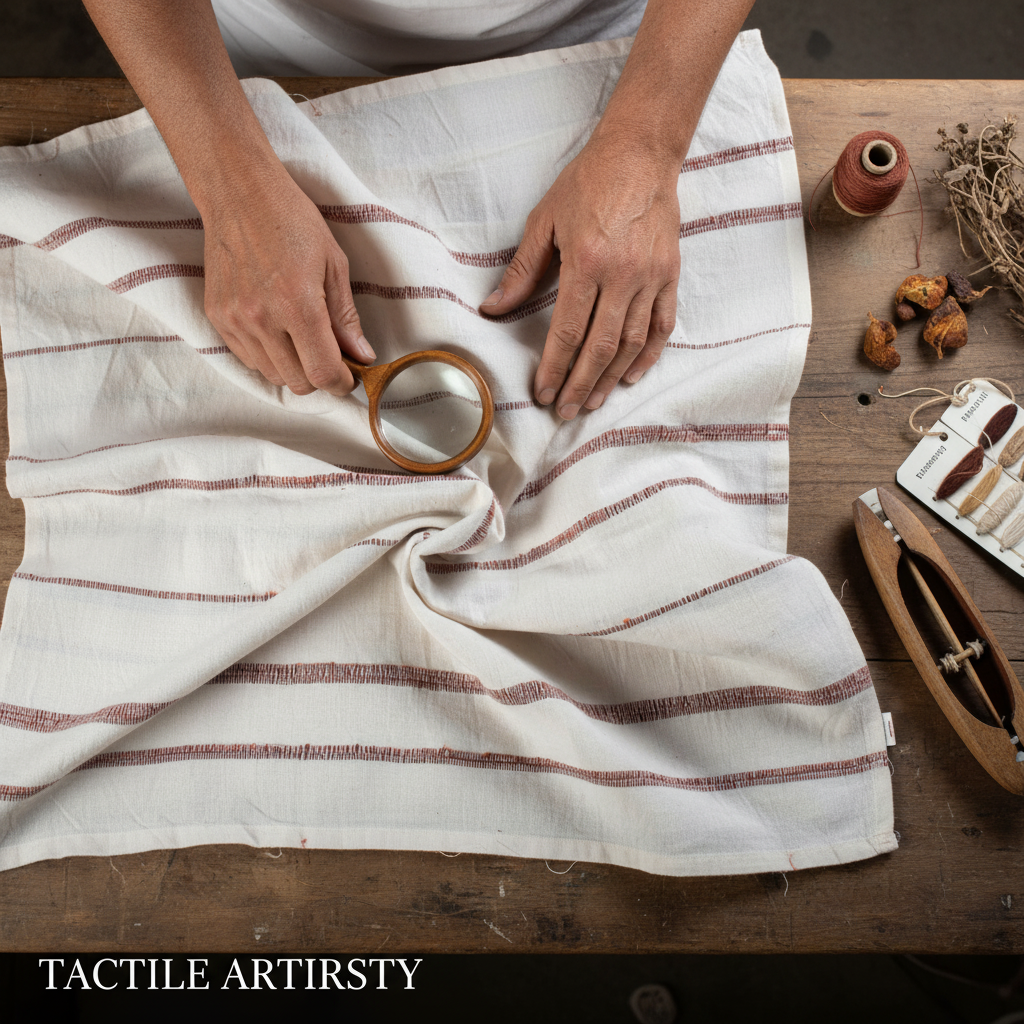 Textured recycled cotton fabric surface showing natural slubs and irregular handwoven character