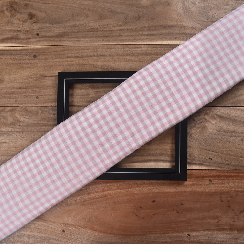 Check Pink & White Pure Cotton 94 GSM Handwoven Fabric