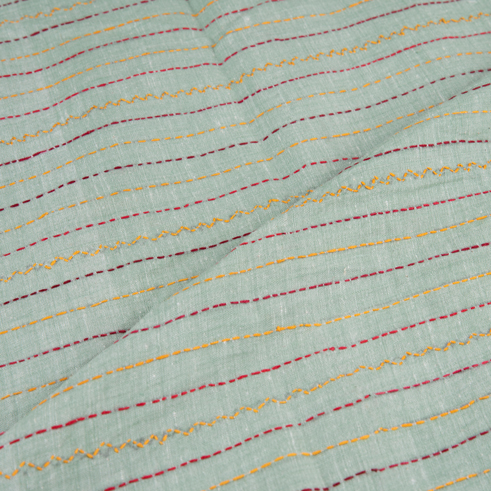 STRIPE MINT GREEN KANTHA EMBROIDERED KHADI COTTON 115 GSM HANDWOVEN FABRIC