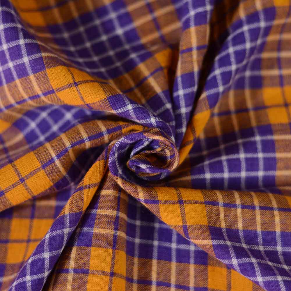 Check Orange & Purple Pure Cotton 91 GSM Handwoven Fabric