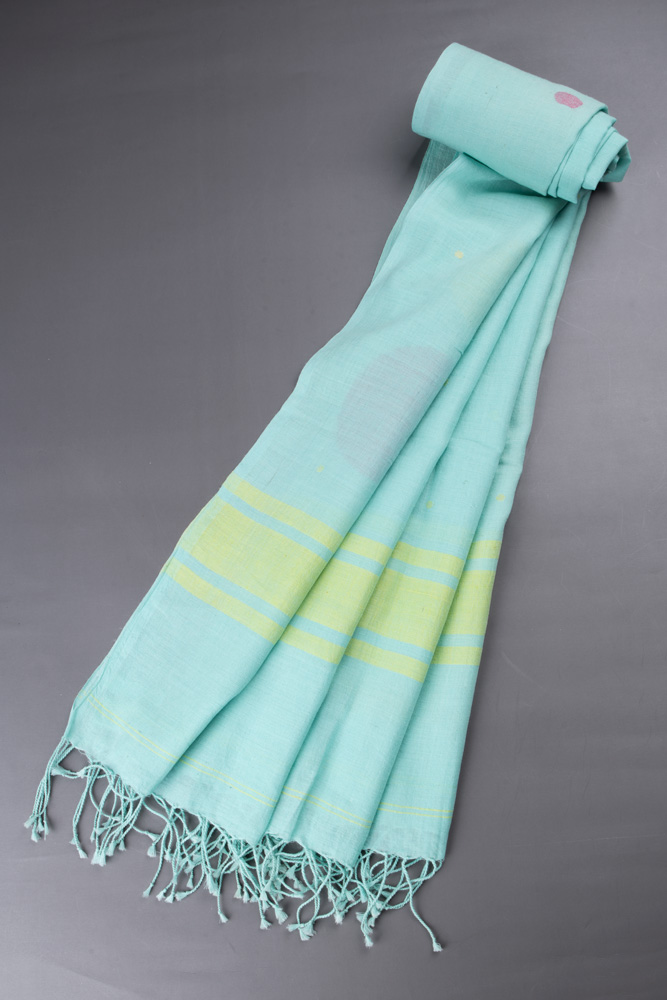 GEOMETRIC TURQUOISE JAMDANI HANDWOVEN PURE COTTON SCARF