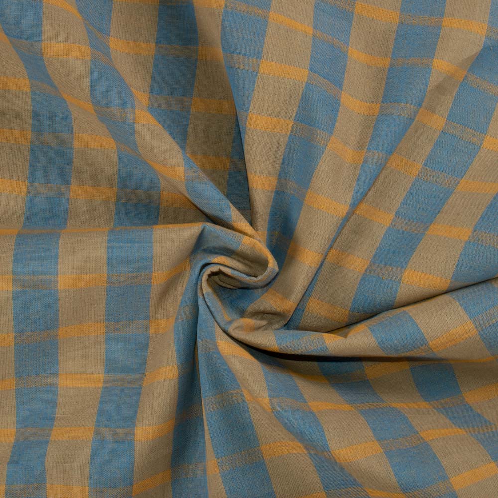 Check Tan and Blue Pure Cotton 95 GSM Handwoven Fabric 682