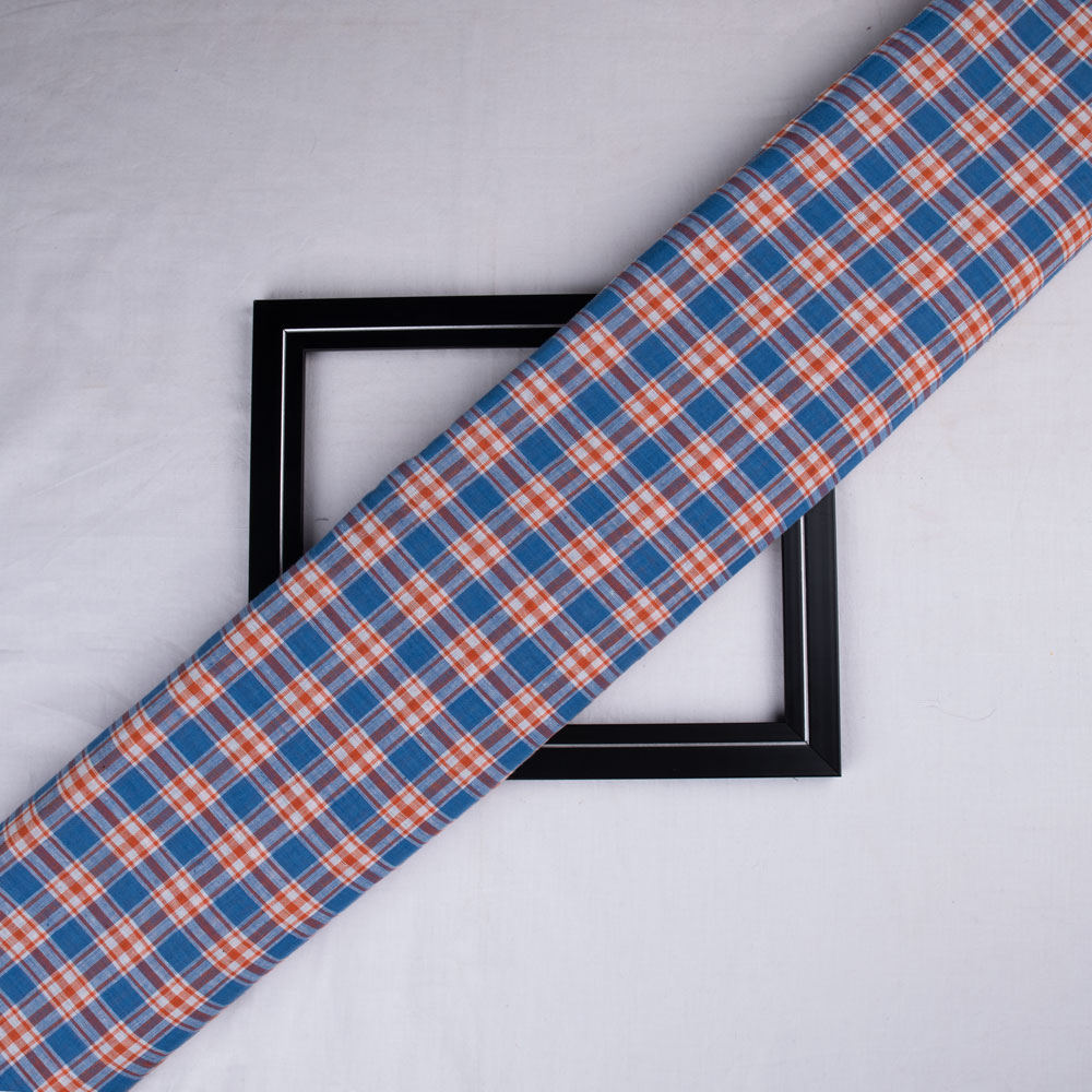 Check Blue & Orange Pure Cotton 96 GSM Handwoven Fabric