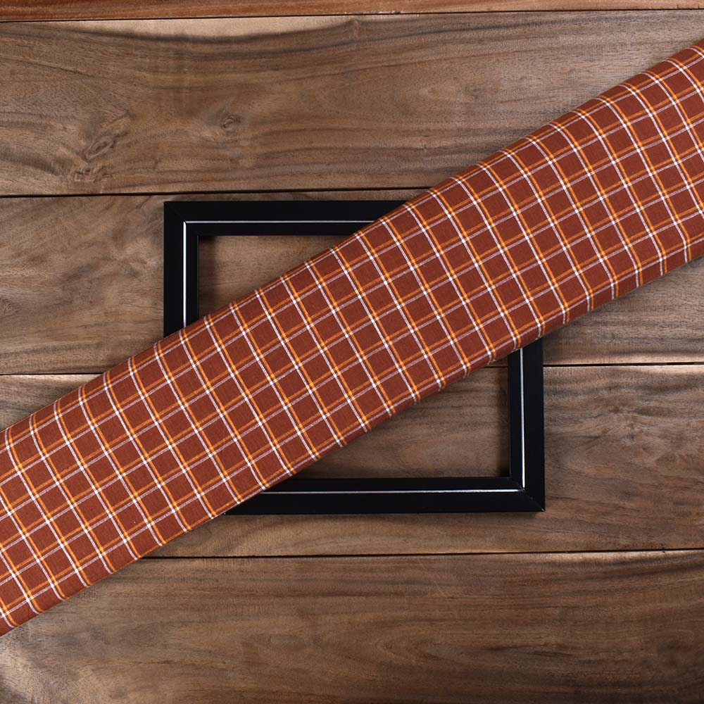 Check Brown Pure Cotton 98 GSM Handwoven Fabric