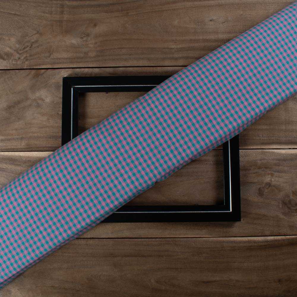 Pink & Sea Green Check 70 GSM Pure Cotton Handwoven Fabric
