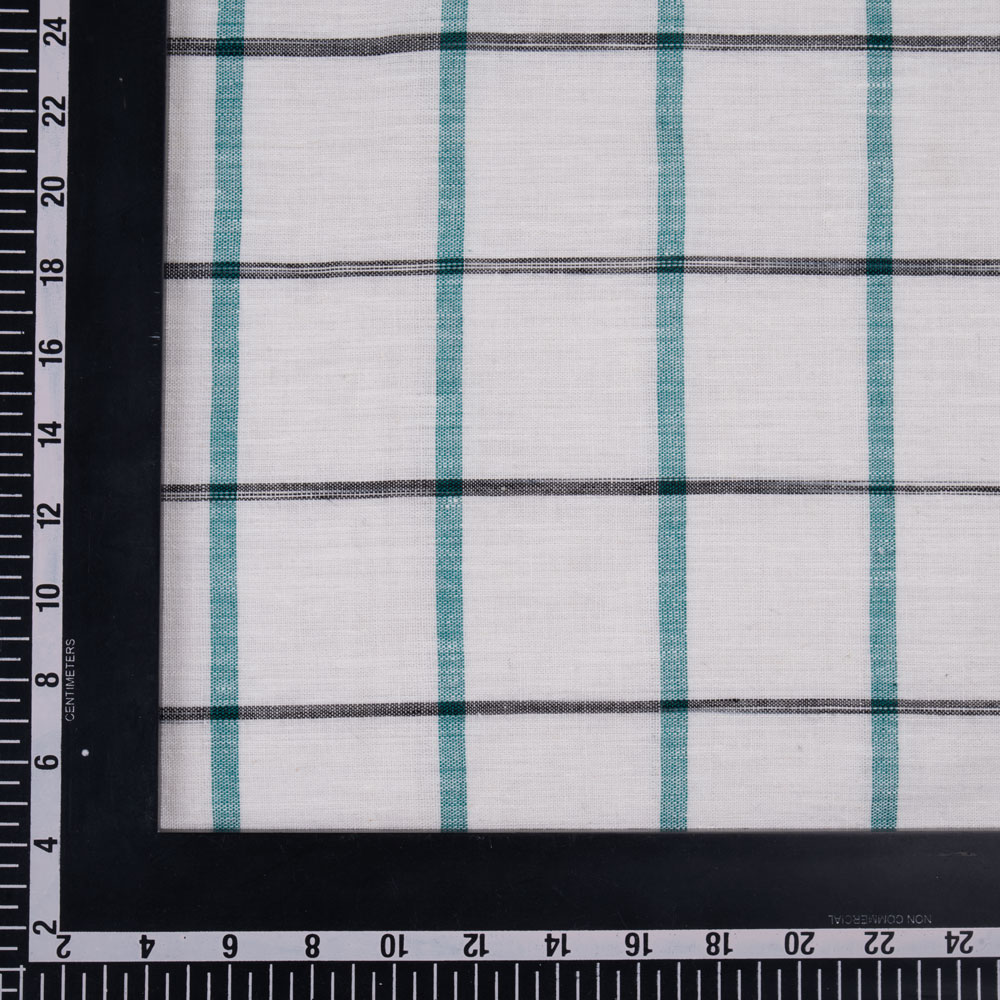 CHECK WHITE TEAL & BLACK LINEN COTTON 121 GSM HANDWOVEN FABRIC
