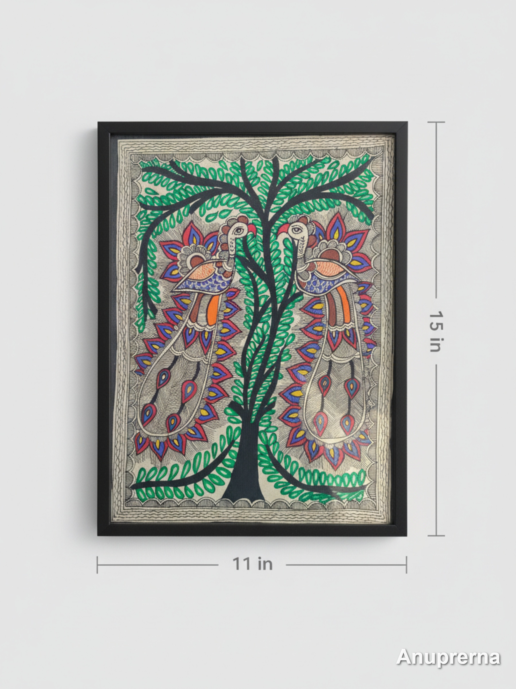 Two Peacocks On A Tree Madhubani Wall Art Painting